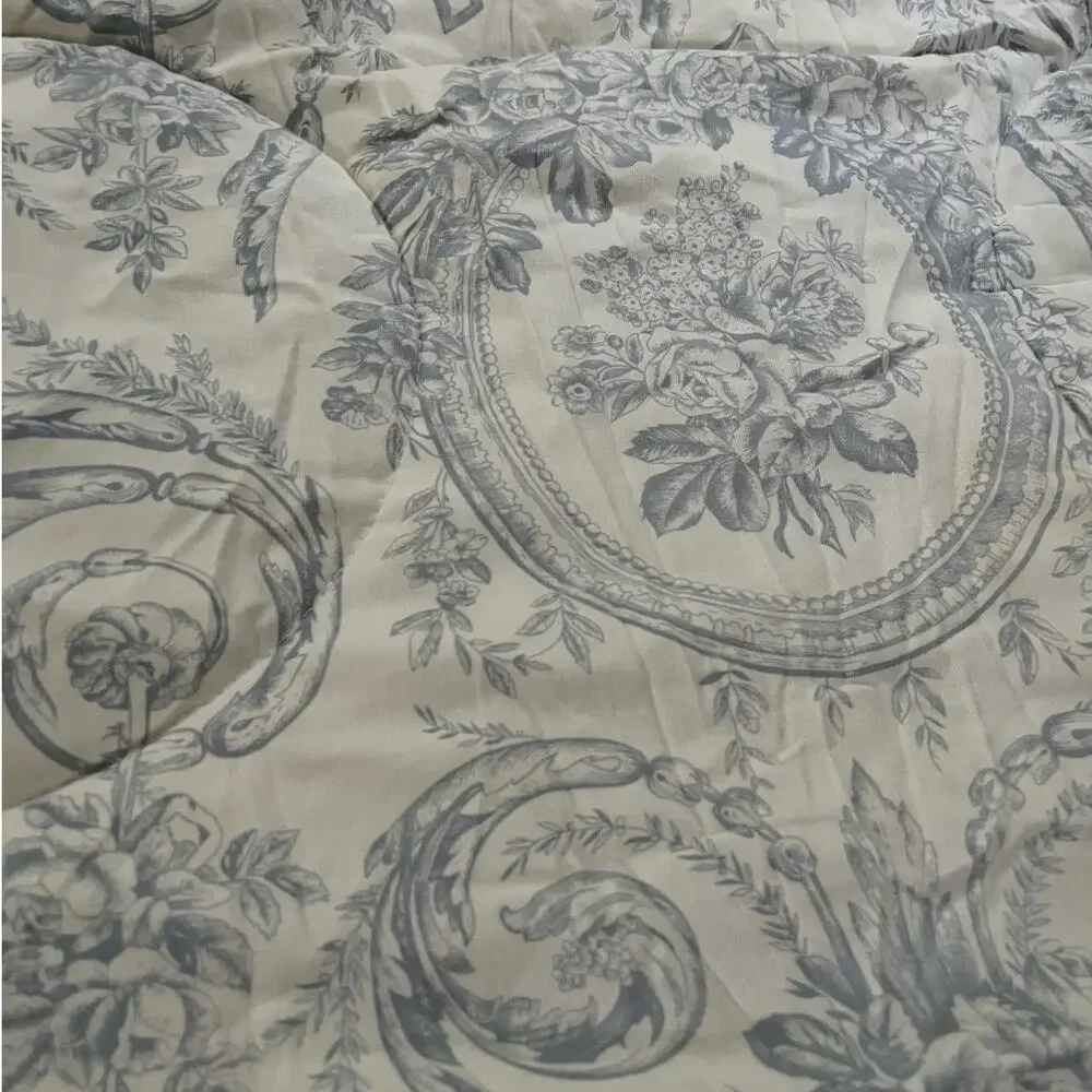 Vintage French country Toile‎ Cream Blue Queen Quilt Comforter Bedspread 2 Shams